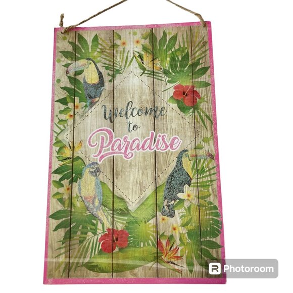 WELCOME TO PARADISE Tiki Bar Sign Wall Island Flowers Birds Decoration Palm Tree - Picture 1 of 10